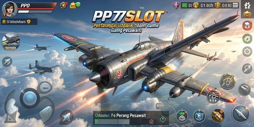 Antarmuka game PP7SLOT menampilkan pesawat tempur dalam aksi pertempuran udara.